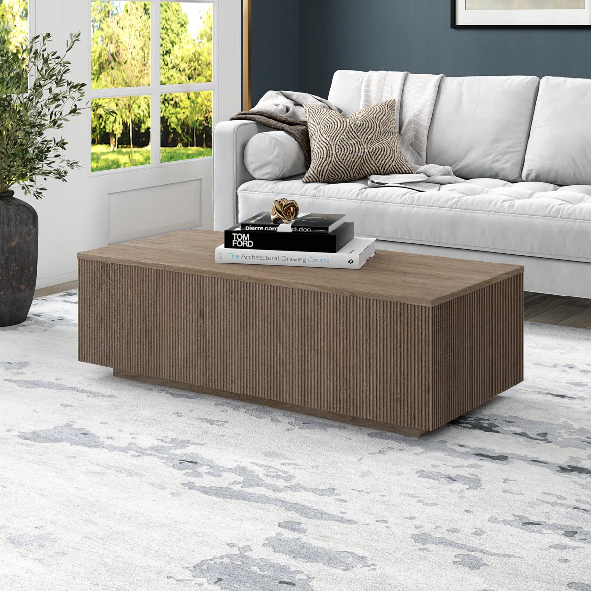 Reyes 48" Fluted Coffee Table with Low Profile Solid Base in Antiqued Gray Oak| Mid-Century Moder... | Wayfair North America