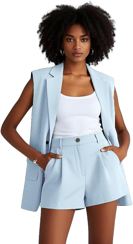 Summer Womens Sleeveless Blazer Vest Shorts Set 2 Piece Outfits Wedding Office Workout | Amazon (US)