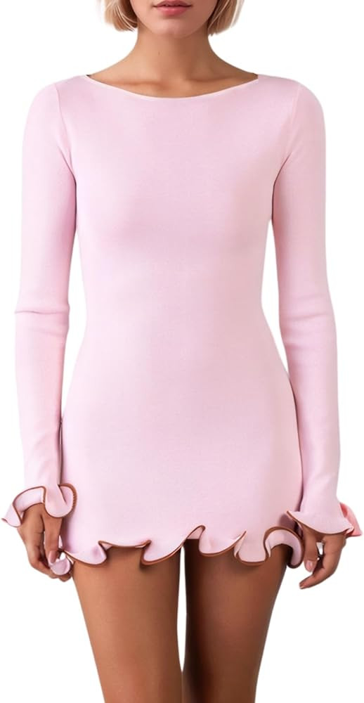 Women Elegant Ruffle Hem Knit Mini Dress Long Sleeve Contrast Color Patchwork Bodycon Short Sweat... | Amazon (US)