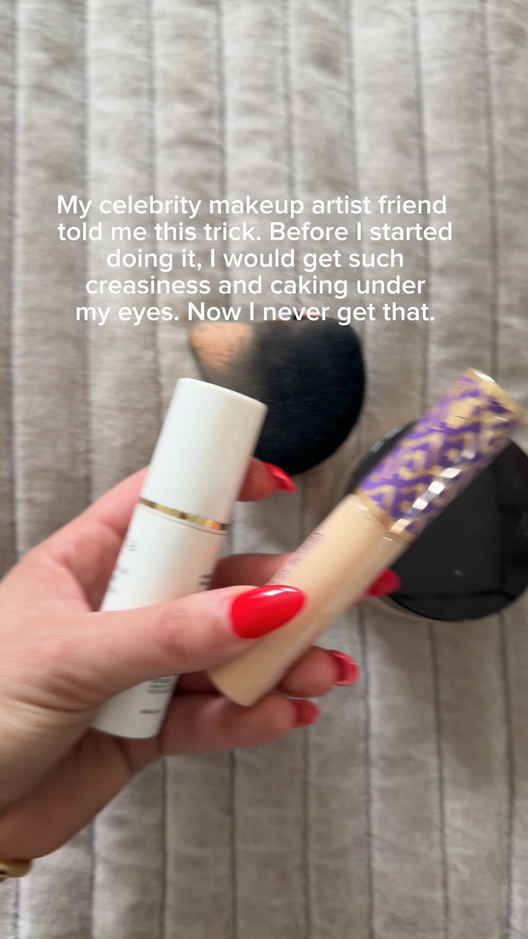 This is what I do every time I put my makeup on so I never get creasing period. Before I did this I used to get such creasing and dry eyes. 
￼
UNDEREYES:
for the under eyes, I use that balm and then I apply just a little bit of concealer at the inner corners of my eyes and then I blend it out. Then I use the dry sponge, dab it in the powder, but then rub the powder into the sponge on the back of my hand and then dot underneath my eyes. That’s key!

#LTKOver40 #LTKBeauty #LTKdayinmylife