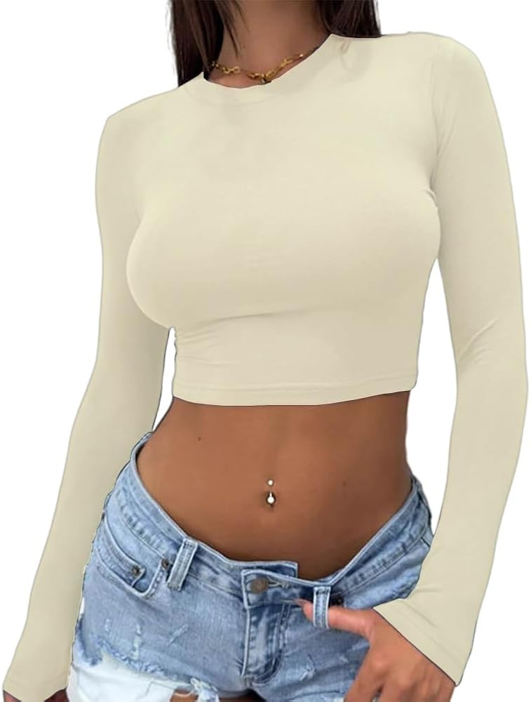 Abardsion Women's Sexy Long Sleeve Crop Top 2024 Crew Neck Basic Fitted Tight Cropped T Shirts | Amazon (US)
