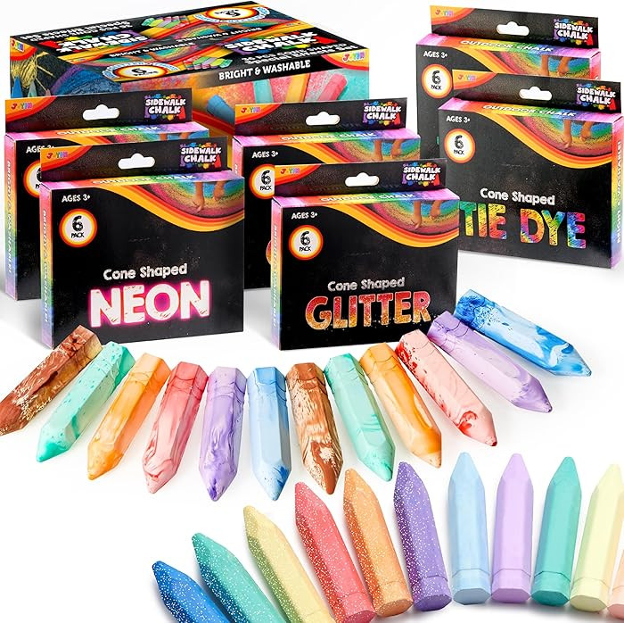 JOYIN 36 PCS Washable Sidewalk Chalk, 6 Packs Total, 3 Styles (Tie-Dye, Glitter & Neon), Outdoor ... | Amazon (US)