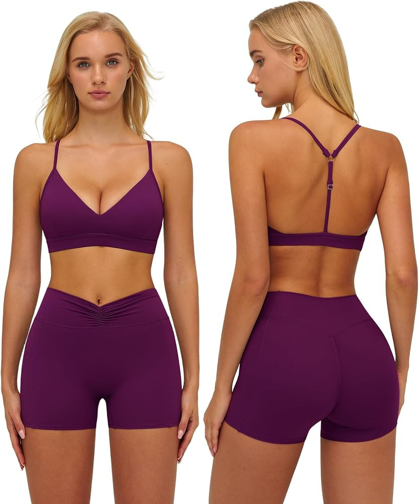 ABOCIW Womens Workout Sets V Neck Sports Bra Tummy Control High Waist Biker Shorts 2 Piece Yoga P... | Amazon (US)