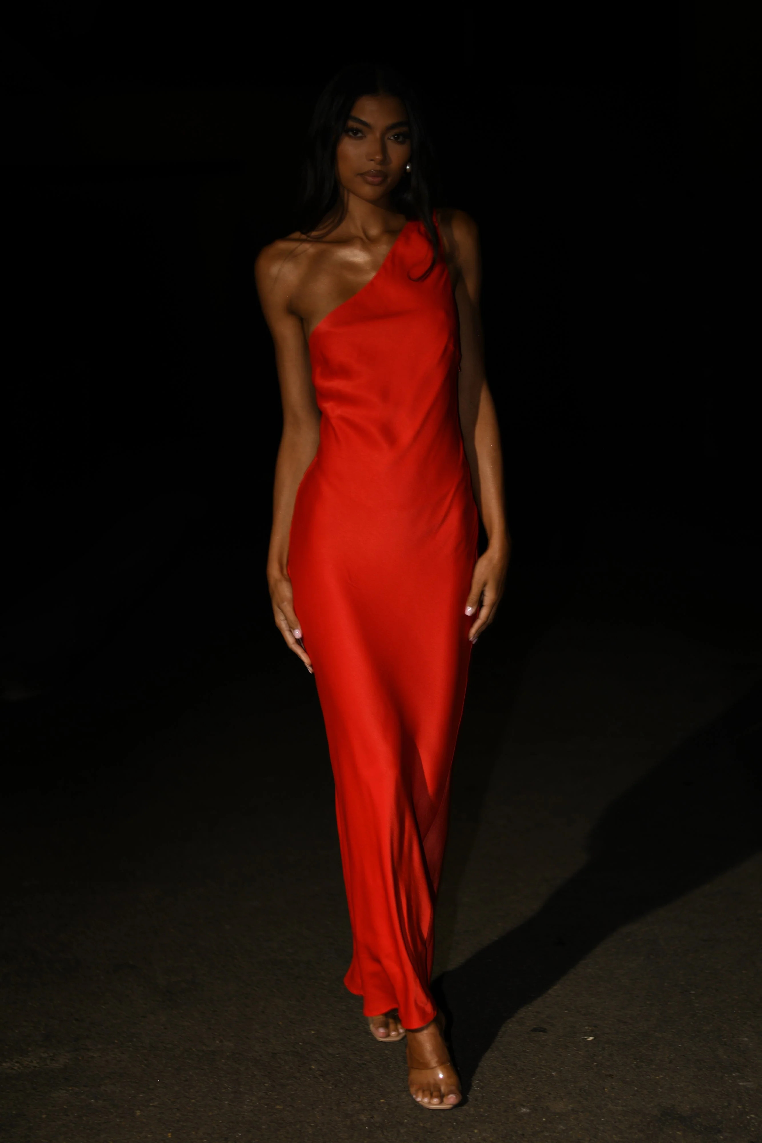 Alejandra One Shoulder Satin Maxi Dress - Vermilion Red | MESHKI US