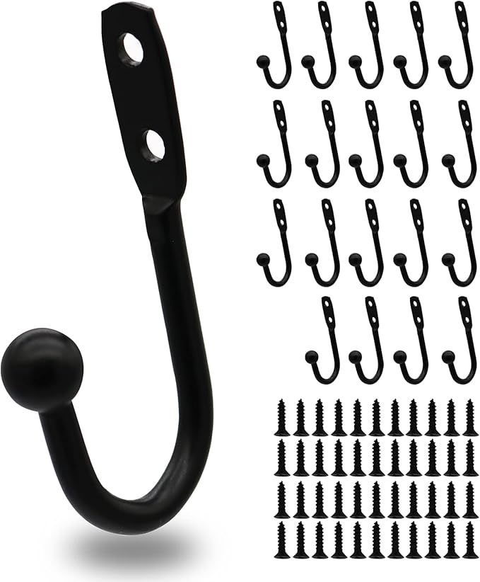 Black Coat Hooks, 20-Pack 1”x2” Heavy Duty Single Wall Hooks with Metal Screws Included, Wall... | Amazon (US)