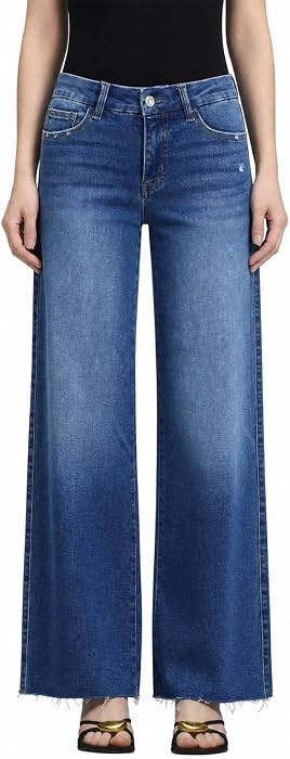 ONESO Women's Wide Leg Jeans Mid Rise High Stretch Denim Pants Raw Hem | Amazon (US)