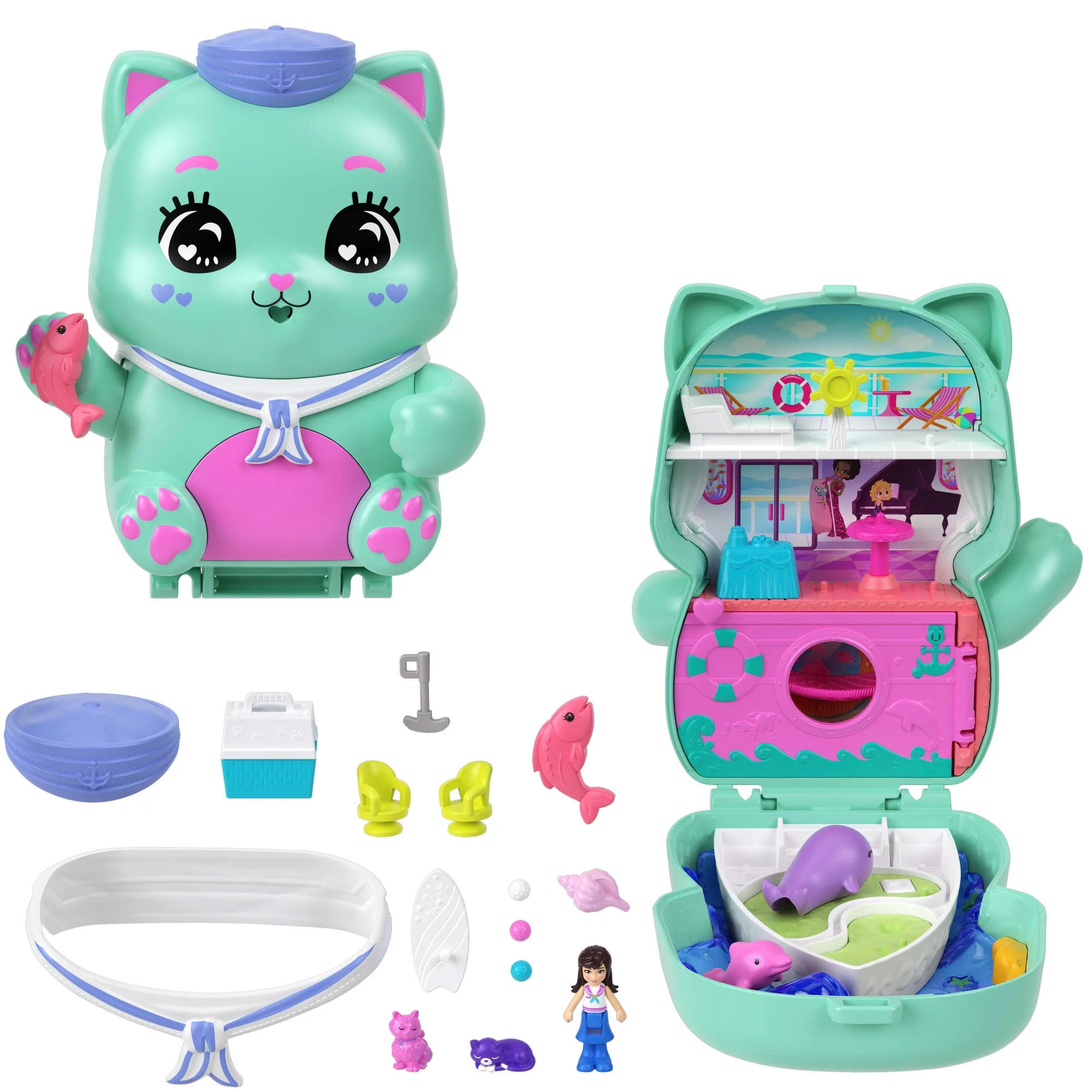Polly Pocket Set Sail Kitty Compact Playset with 1 Micro Doll, Pet Cats, Food & Styling Accessori... | Walmart (US)