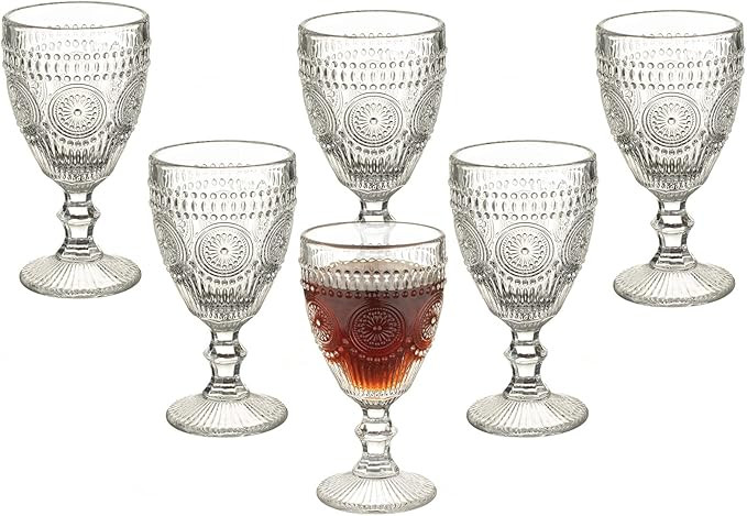 Vintage Wine Glasses Set of 6, 10 Ounces Colored Glass Water Goblets, Unique Embossed Pattern Hig... | Amazon (US)