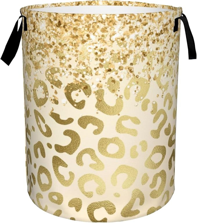 Gold Leopard Print Laundry Basket,Sequins Glitter Foldable Laundry Hamper Waterproof Oxford Cloth... | Amazon (US)