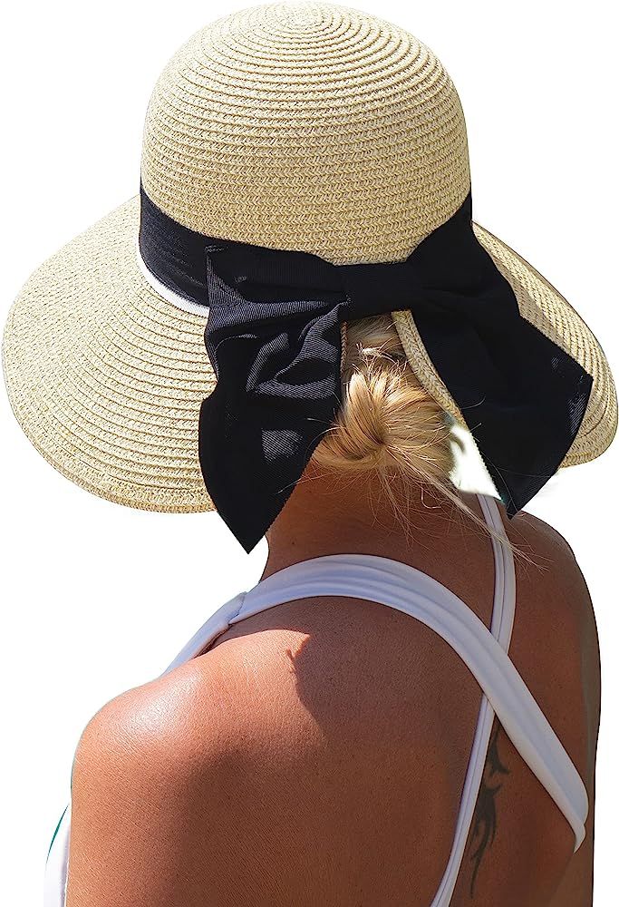 Comhats Womens Floppy Summer Sun Beach Straw Hat UPF50 Foldable Wide Brim 55-60cm | Amazon (US)