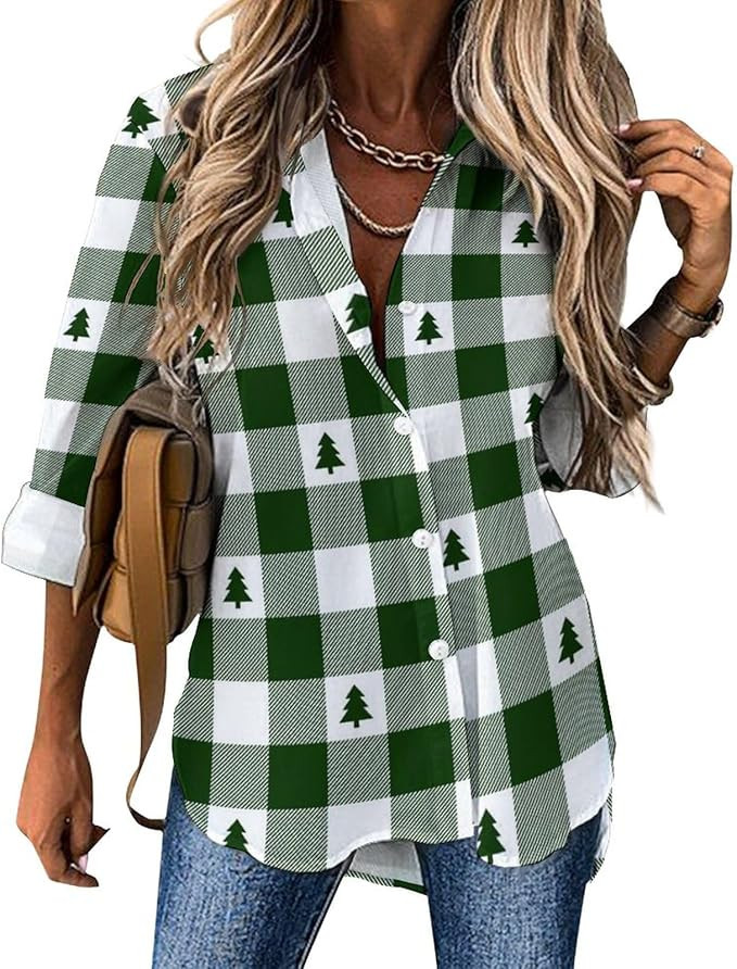Long Sleeve Button Down Shirts for Women, Green White Christmas Tree Fashion V-Neck Womens Blouse... | Amazon (US)