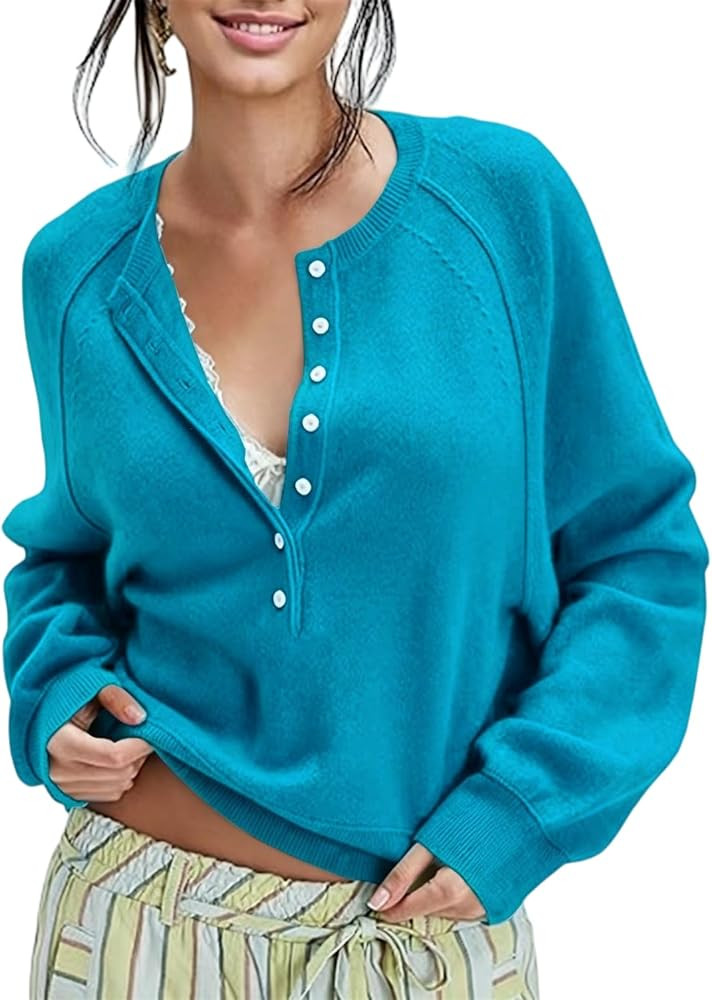 Women's Henley Button Front Knit Sweater Raglan Long Sleeve Loose Pullover | Amazon (US)