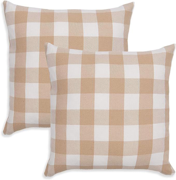 Cackleberry Home Tan and Cream Buffalo Check Woven Fabric Decorative Square Throw Pillow Case Cov... | Amazon (US)