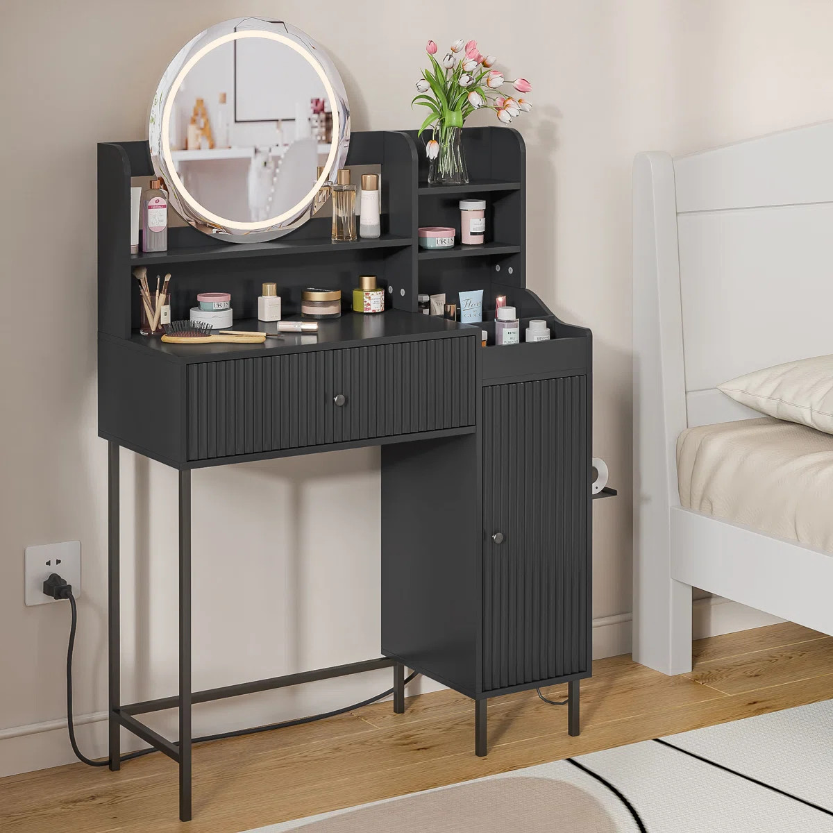 Reseta Makeup Vanity Desk with LED Light Mirror, Drawer, USB Power Outlet | Wayfair North America