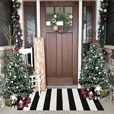 Seavish Indoor Outdoor Doormats, 23.6" x 51.2" Black and White Ivory Striped Rug Handmade Woven R... | Amazon (US)