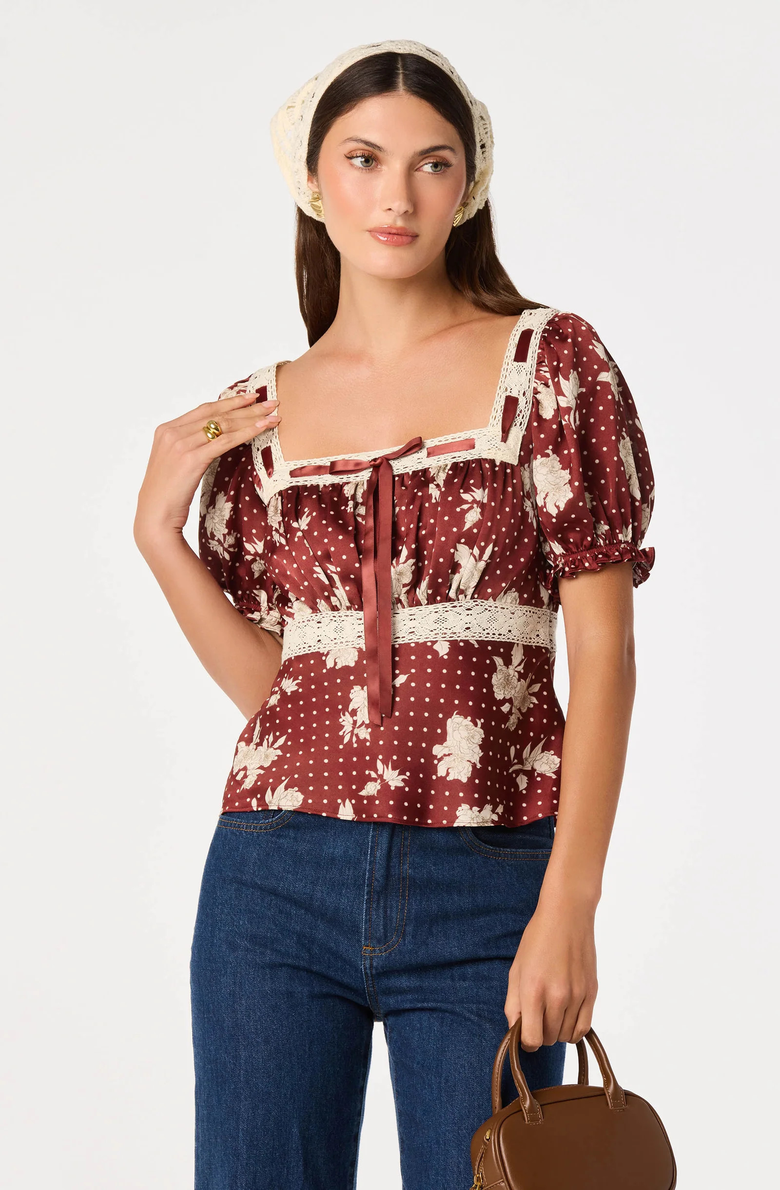Kristal Floral Milkmaid Top - Wine polka dot / XS | ASTR The Label (US)
