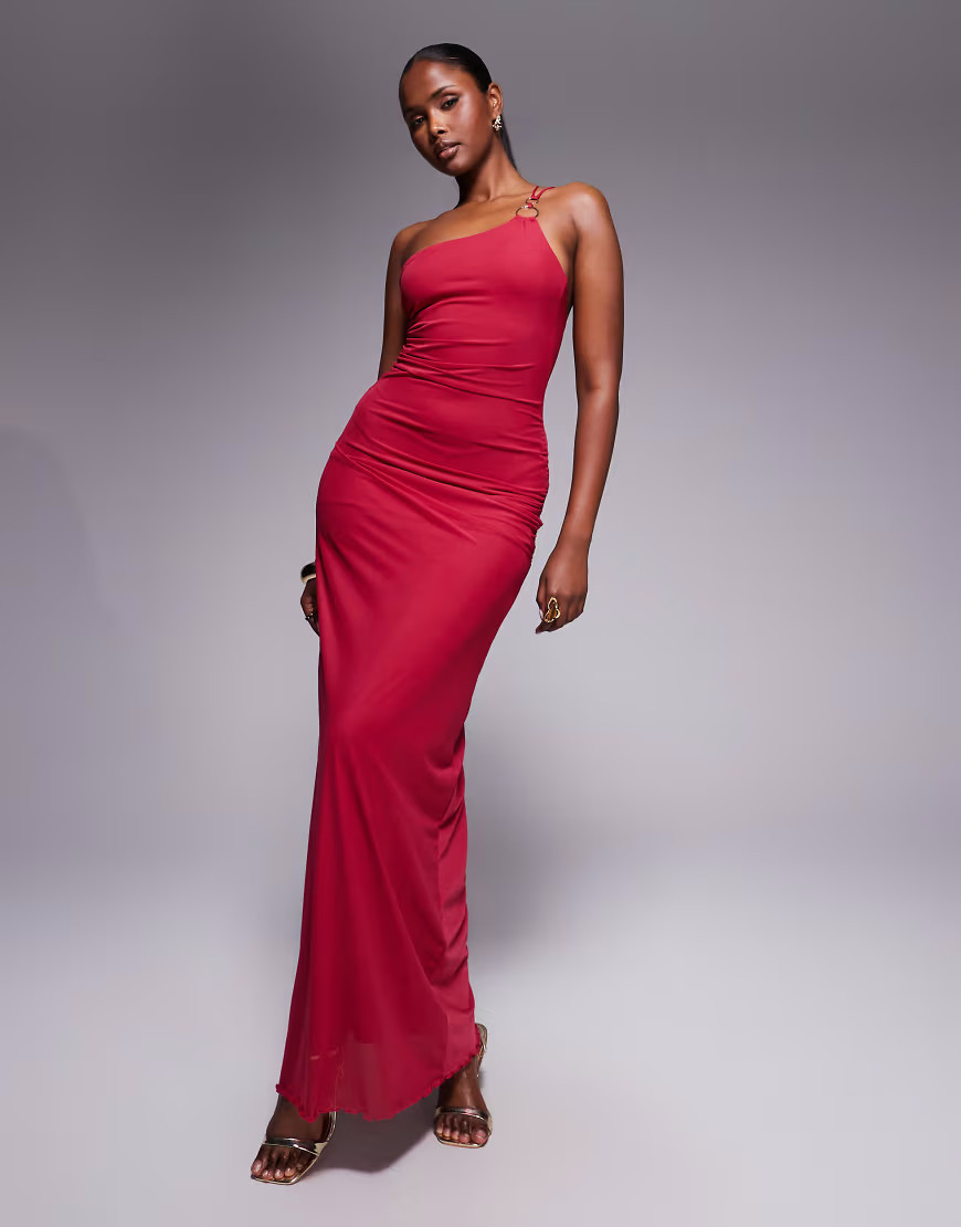 ASOS DESIGN asymmetric double strap with gold trim detail with ruching mesh maxi dress in red | ASOS (Global)