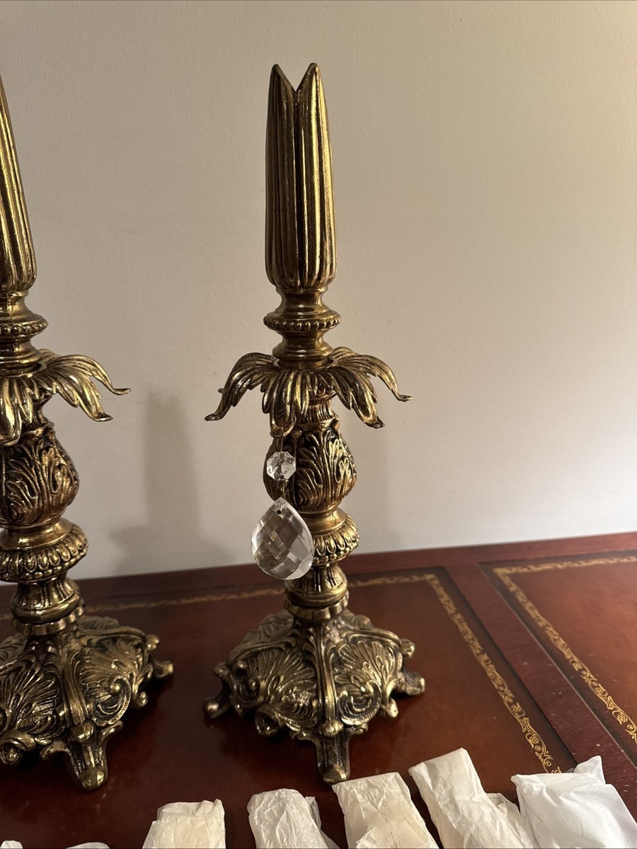 Pair Vtg Brass Candlestick Holders w/ Crystal Prisms Ornate Baroque Style Gc3 | eBay | eBay US