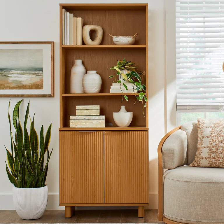 Better Homes & Gardens Lillian Fluted Bookcase with Doors, Natural Pine Finish | Walmart (US)