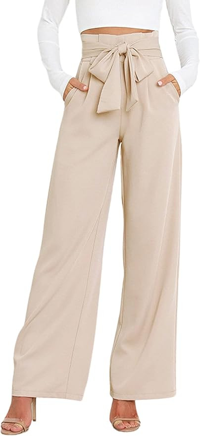 Hooever Women's High Waist Pants Casual Pockets Belted Wide Leg Palazzo Trousers | Amazon (US)