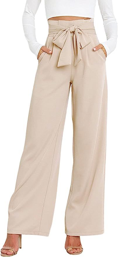 Hooever Women's High Waist Pants Casual Pockets Belted Wide Leg Palazzo Trousers | Amazon (US)