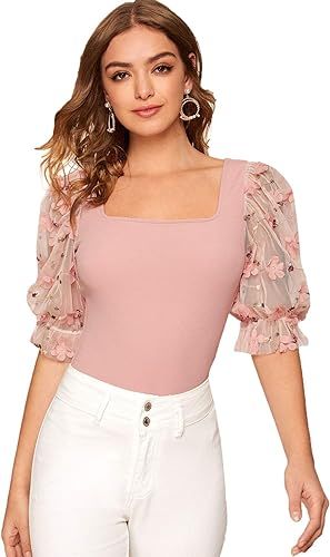 Milumia Women's Square Neck Tops Puff Sleeve Applique Mesh Ruffle Solid Blouses | Amazon (US)