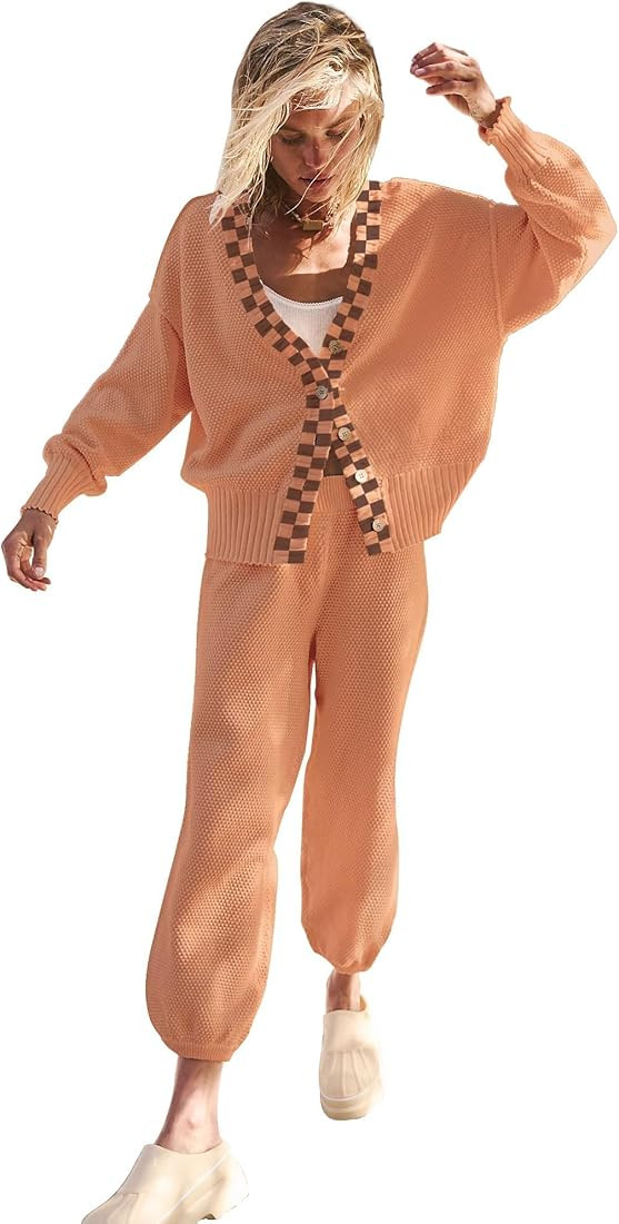 SAUKOLE Womens Two Piece Outfits Knit Sweater Sets Oversized Button Down Cardigan and Long Pants ... | Amazon (US)