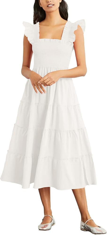 Rooscier Women's Square Neck Smocked Ruffle Sleeveless Sundress Tiered A Line Midi Dress | Amazon (US)