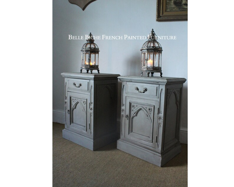 FOR SALE Fab. Pair Large 'French Ash Grey' Gothic Style Solid Pine Nightstands | Etsy (UK)