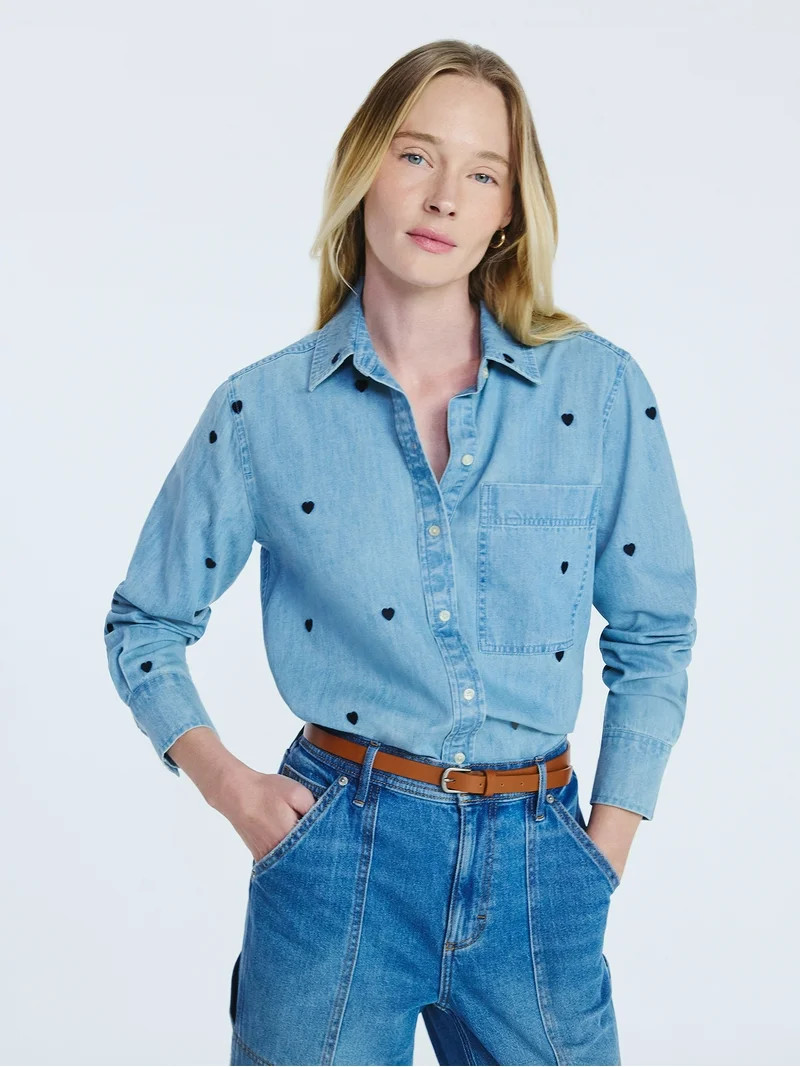 Free Assembly Women's and Women’s Plus Embroidered Hearts Denim Shirt with Long Sleeves, Sizes ... | Walmart (US)