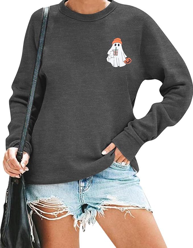 ASTANFY Halloween Ghost Sweatshirts Women Cute Spooky Pullover Spooky Season Long Sleeve Shirt Ha... | Amazon (US)