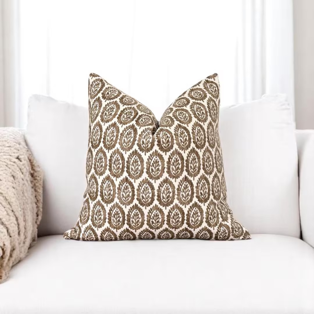 Brown Block Print Pillow Cover Floral Fall Brown White Throw Pillow Modern Pillow Cover Linen Loo... | Etsy (US)