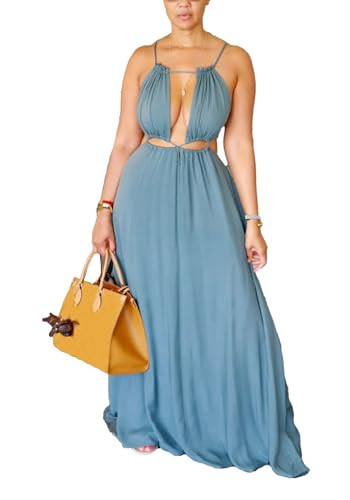 SHINFY Womens Summer Spaghetti Strap Dress Sleeveless Sexy Cutout Drawstring Boho Maxi Dress Beach Vacation Dresses Blue | Amazon (US)