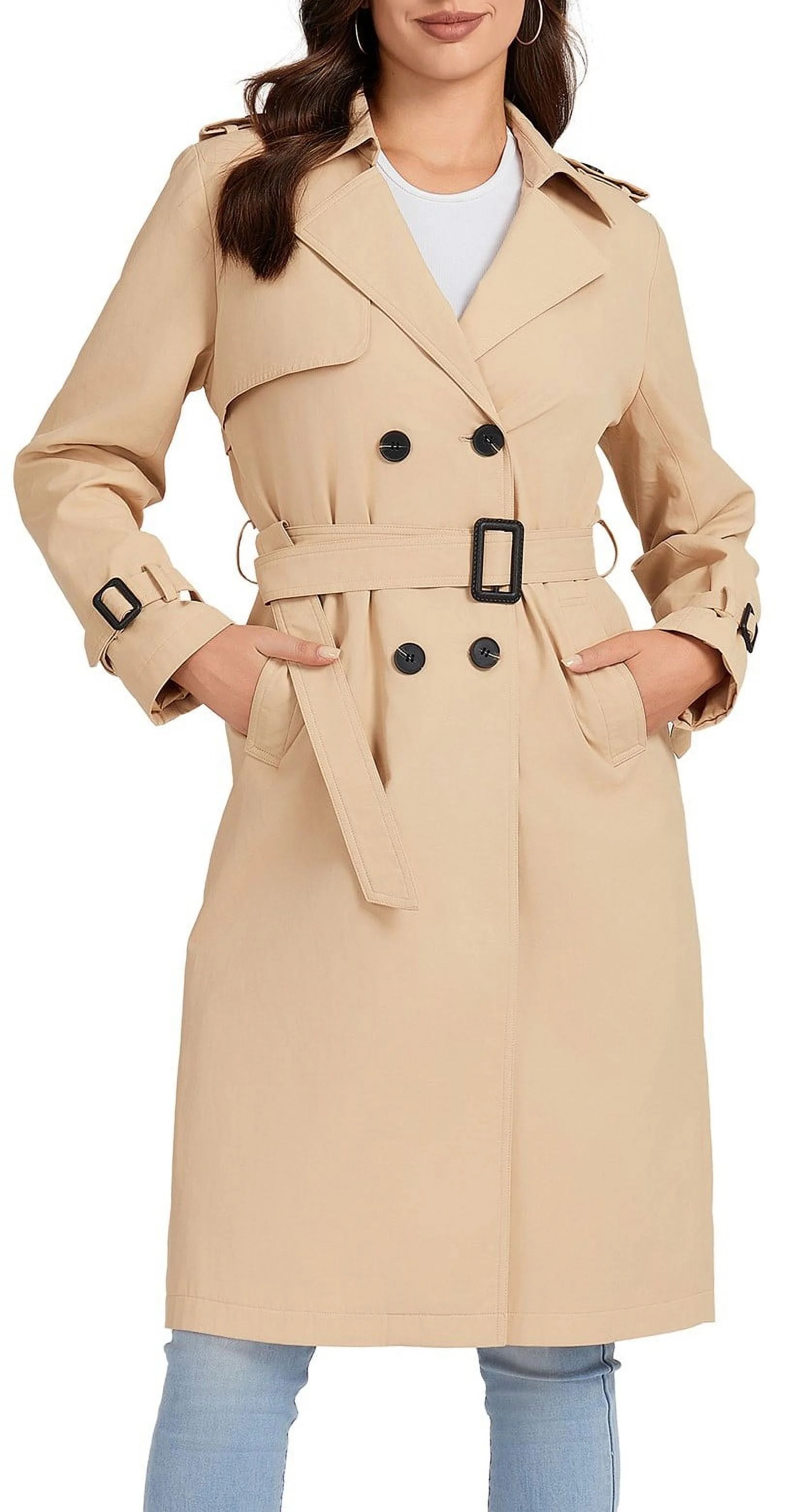 MECALA Womens Double Breasted Trench Coat Buckle Belted Jacket Windproof Overcoat,Khaki,M - Walma... | Walmart (US)