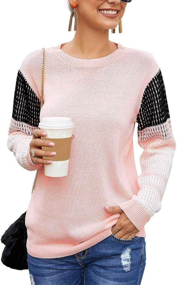 koitmy Women's Cute Contrast Sleeve Knitted Pullover Sweater | Amazon (US)
