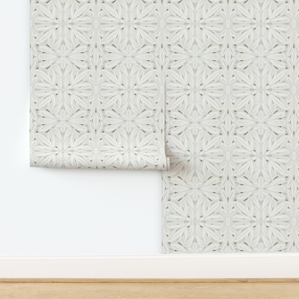 Wallpaper in Abstract symmetrical floral white on beige | Spoonflower