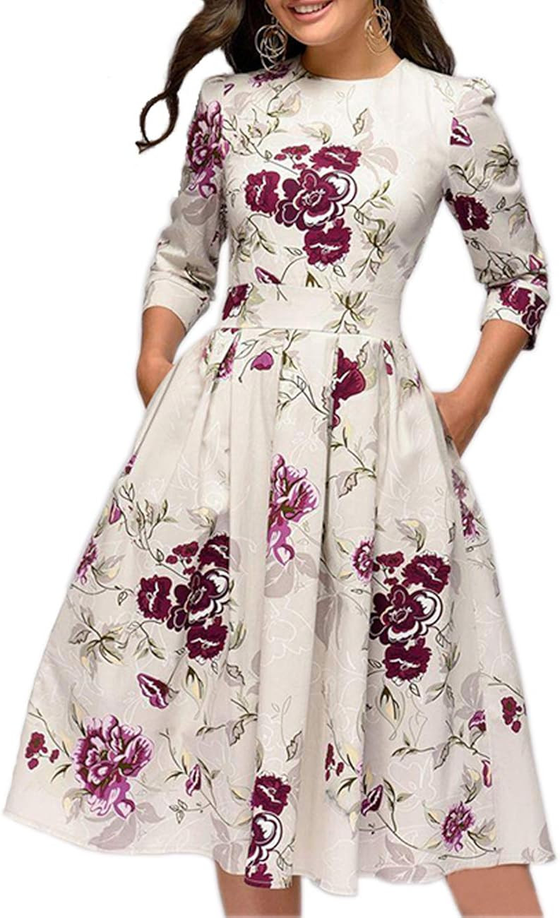 Simple Flavor Women's Floral Vintage Dress Elegant Midi Evening Dress 3/4 Sleeves | Amazon (US)