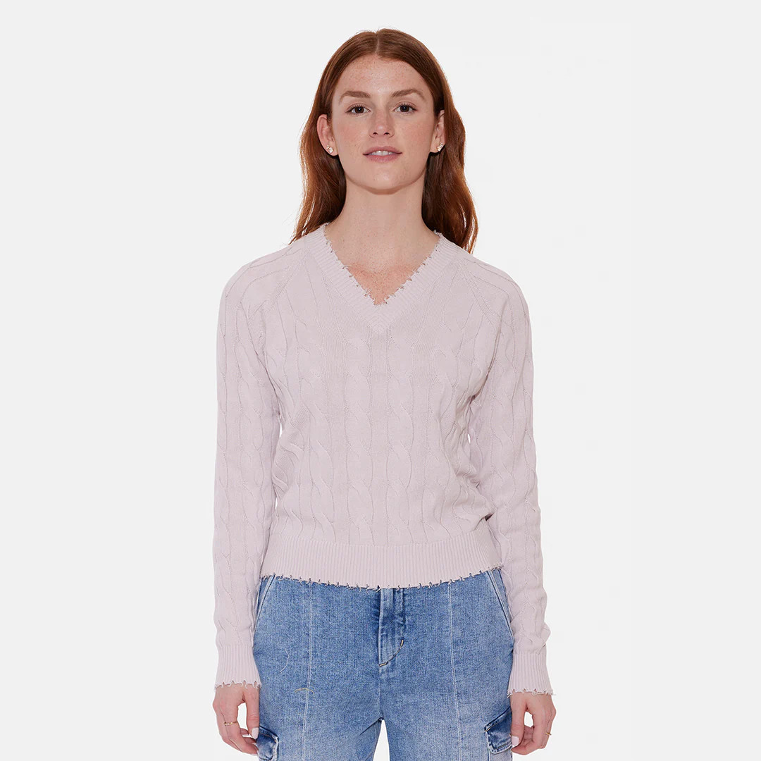 Amber Cable V Neck Sweater Grey Lilac | Blue & Cream