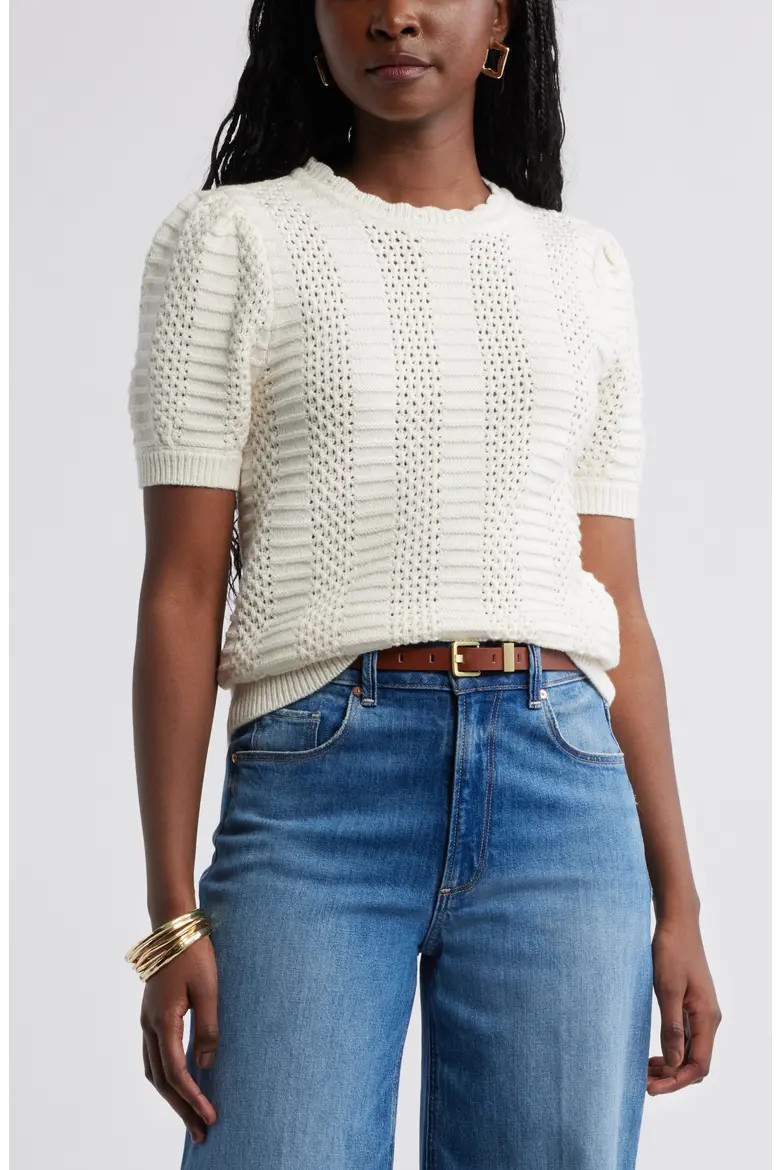 Mixed Stitch Short Sleeve Pima Cotton & Merino Wool Sweater (Women) | Nordstrom | Nordstrom