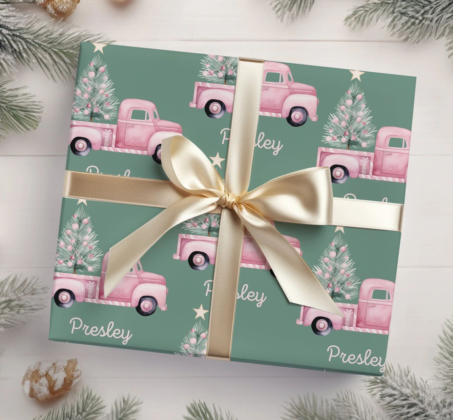 Pink Christmas Truck Personalized Wrapping Paper - Etsy | Etsy (US)