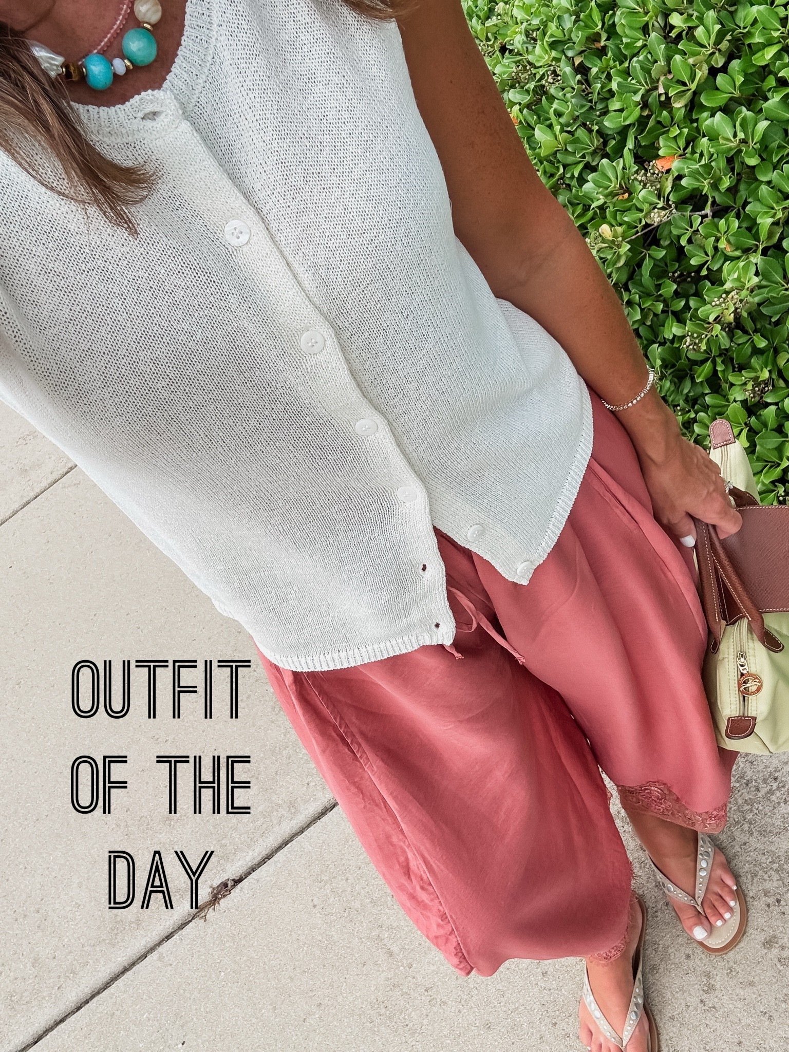 Outfit of the day. What I’m wearing. Lace trim pants. Sleeveless cardigan. Suede studded flip flops. 
Top XS. Pants XS. Sandals TTS.

#LTKootd #LTKSeasonal #LTKSaleAlert