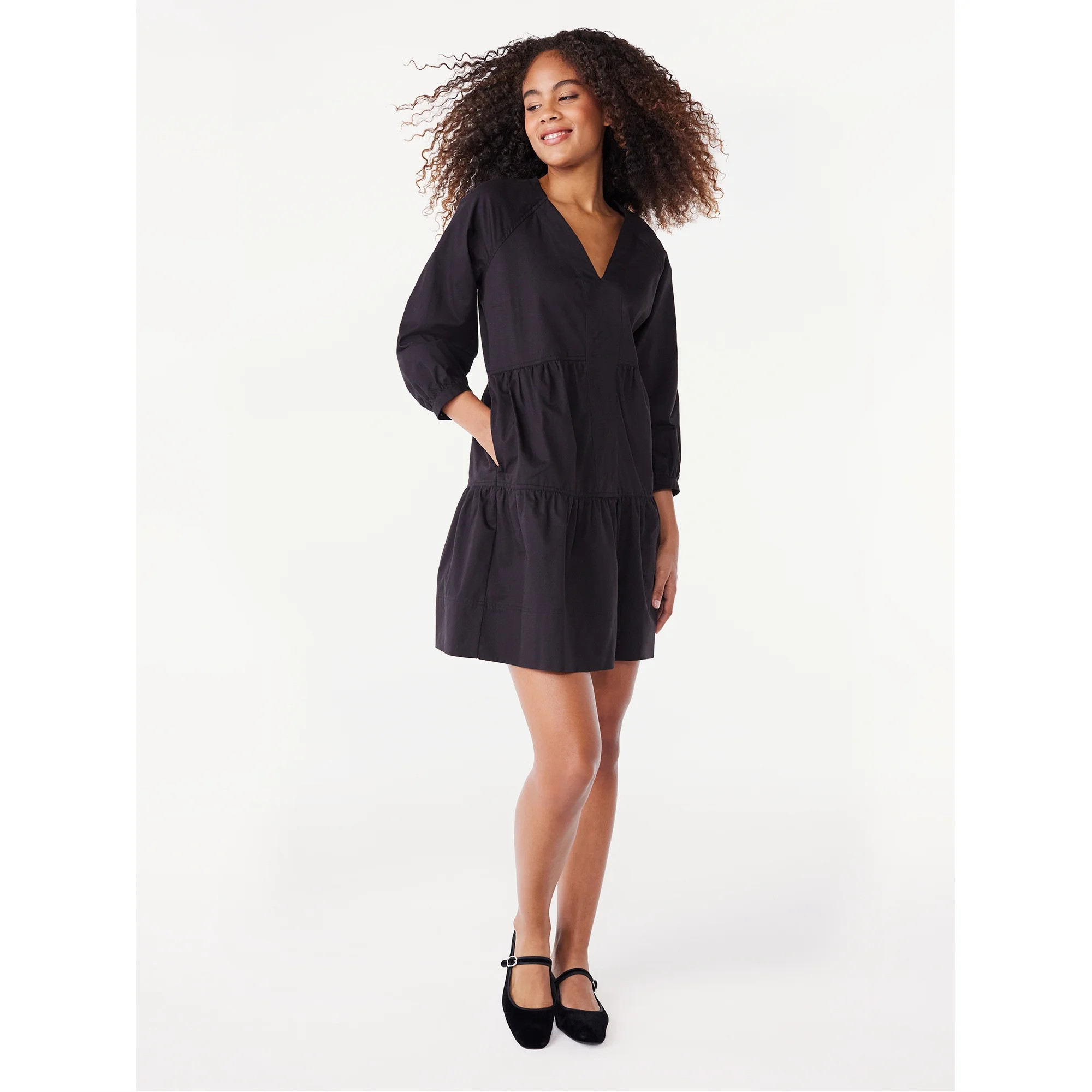 Free Assembly Women's Tiered Mini Dress with Long Sleeves, Sizes XS-XXL | Walmart (US)
