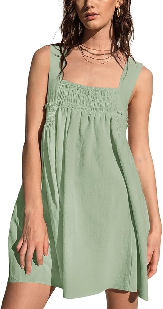 Fisoew Women 's Summer Casual Sleeveless Mini Dress Square Neck Smocked Swing Loose Babydoll Dres... | Amazon (US)