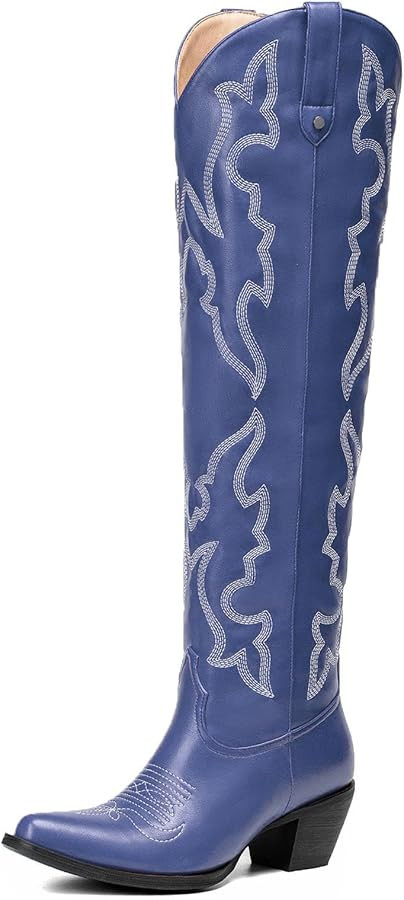 Womens White Cowgirl Boots Fashion Over the Knee Boots With Classic Embroidery Chunky Heels And W... | Amazon (US)