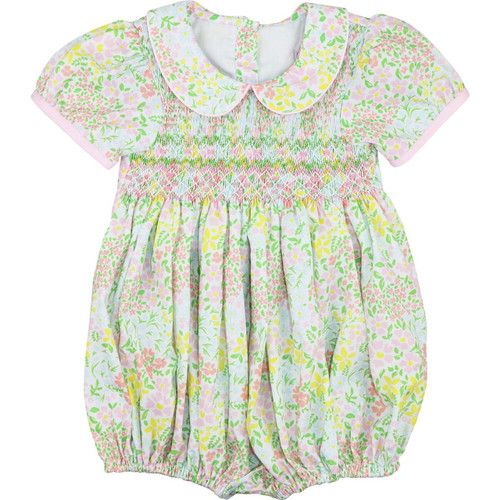 Yellow And Pink Floral Smocked Bubble | Cecil and Lou