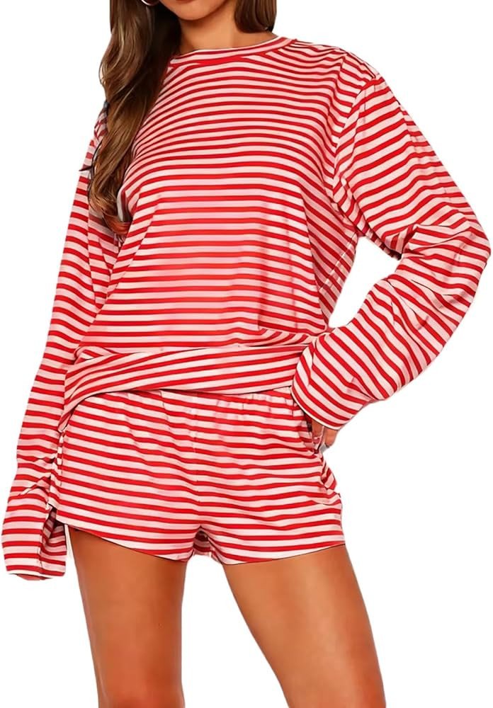 Womens Striped Long Sleeve Pajama Sets 2 Piece Pjs Y2k Outfit Lounge Matching Short Set Sleepwear | Amazon (US)