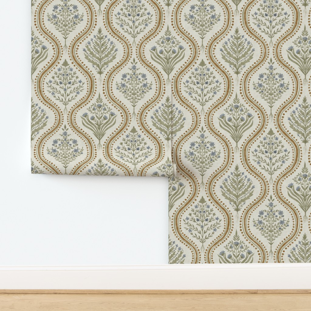 Large Monticello Dusty Blue_ Green and Butterscotch on CREAM copy Wallpaper bydanika_herrick | Spoonflower