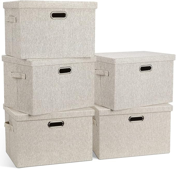 Large 17" 36 Quart Collapsible Stackable Storage Bins with Lids, 5 Packs Beige Linen Fabric Close... | Amazon (US)