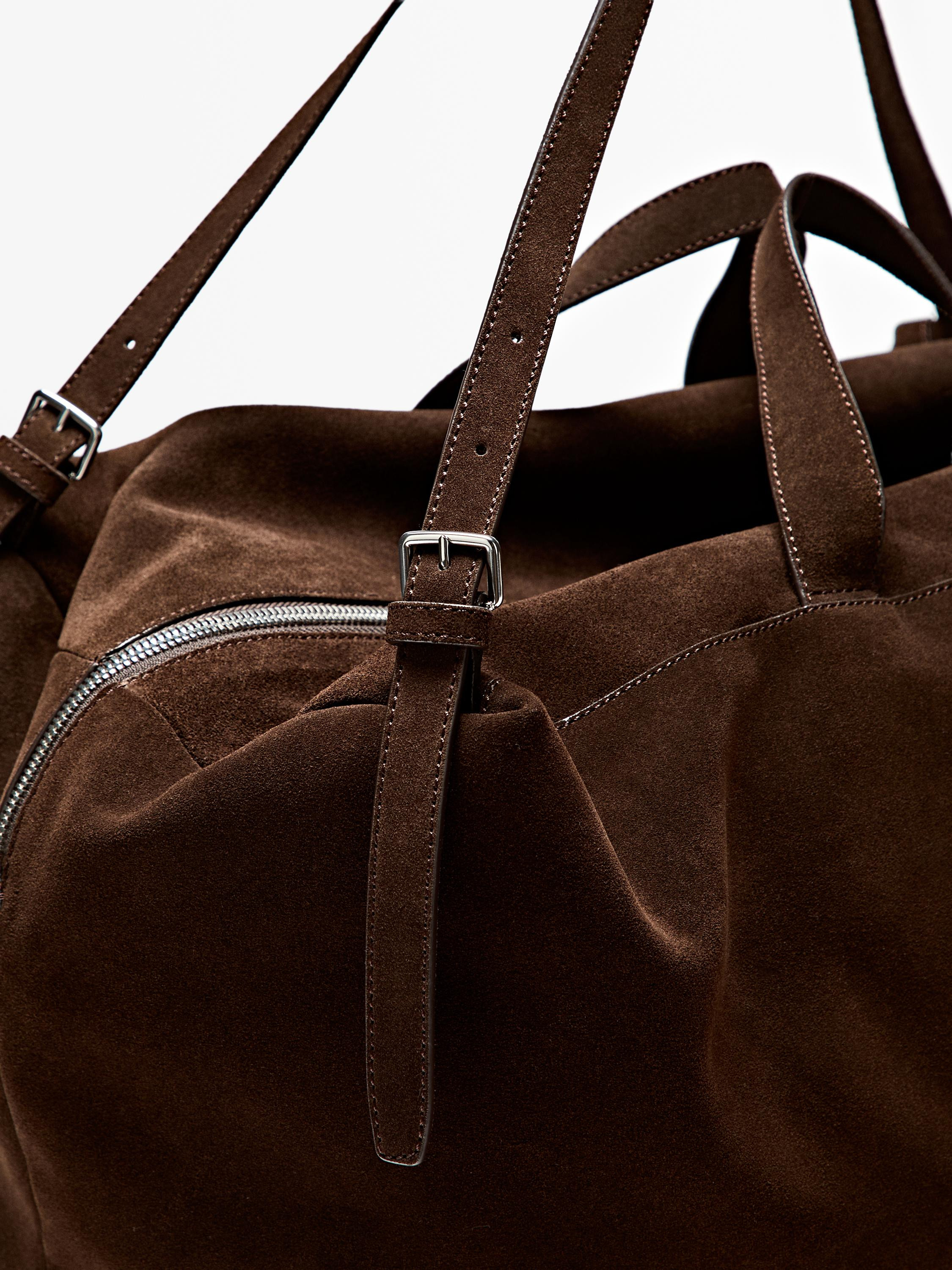 Suede leather maxi duffle bag | Massimo Dutti US