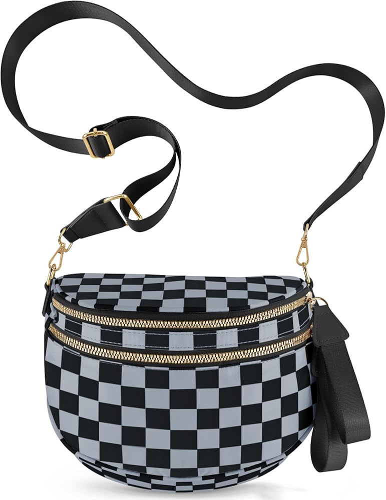 Checkered Crossbody Bags for Women, Large Nylon Bum Bags Plus Size Fanny Pack Sling Bag Belt Bag ... | Amazon (US)